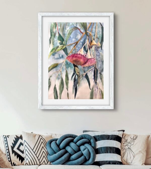 Red Gum watercolour print in situ living room