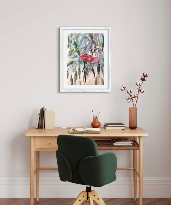 Red Gum Watercolour print in situ home office