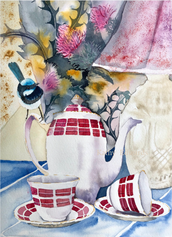 Tartan Teapot still-life watercolour by Kathy edwards