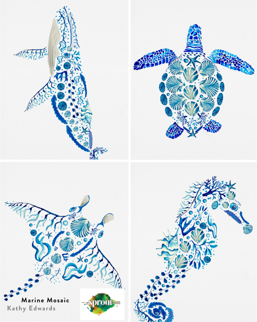 Marine Mosaic set of four art prints by Kathy Edwards