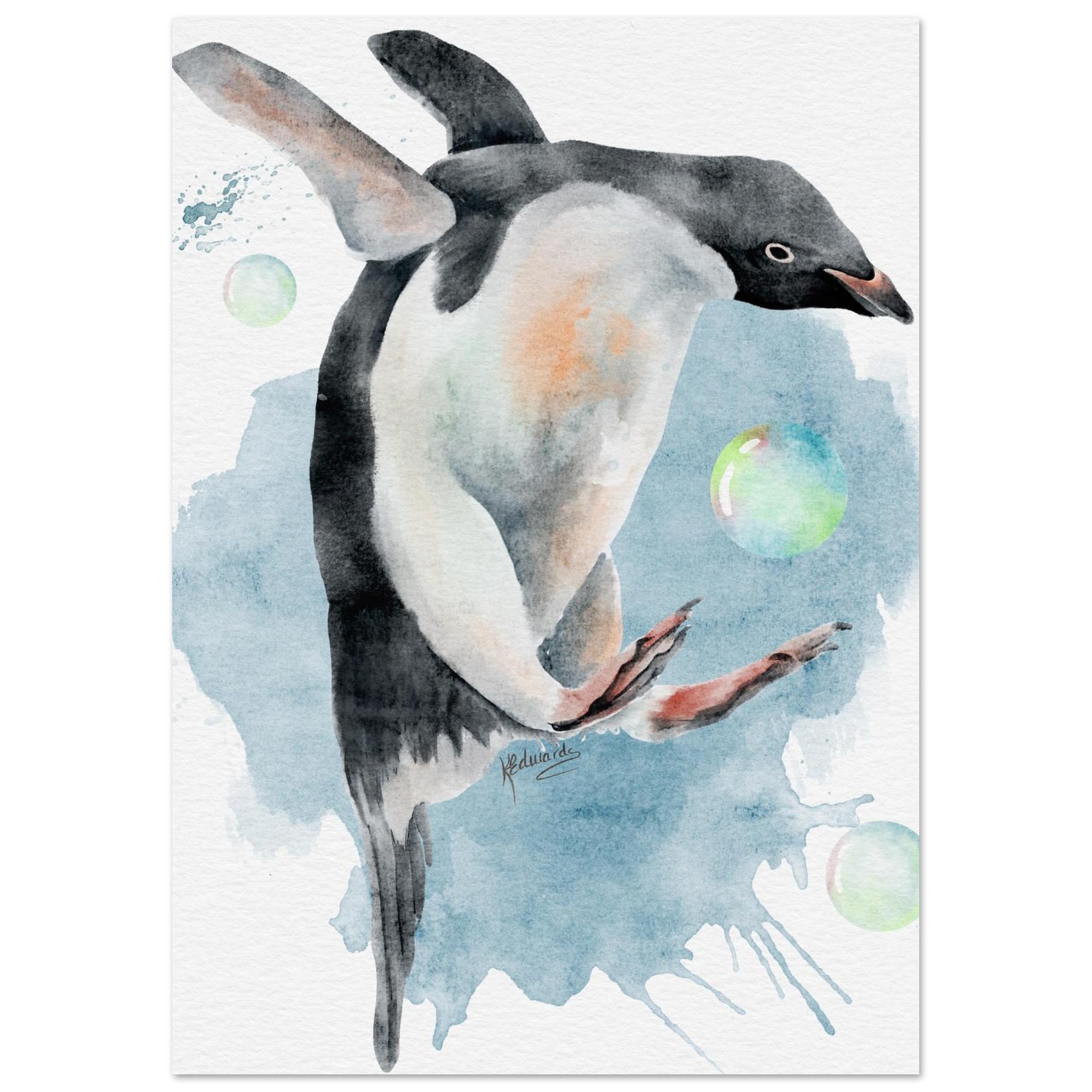 penguin play watercolour fine art poster 3cd676d4-f451-4758-bf56-c85799684091