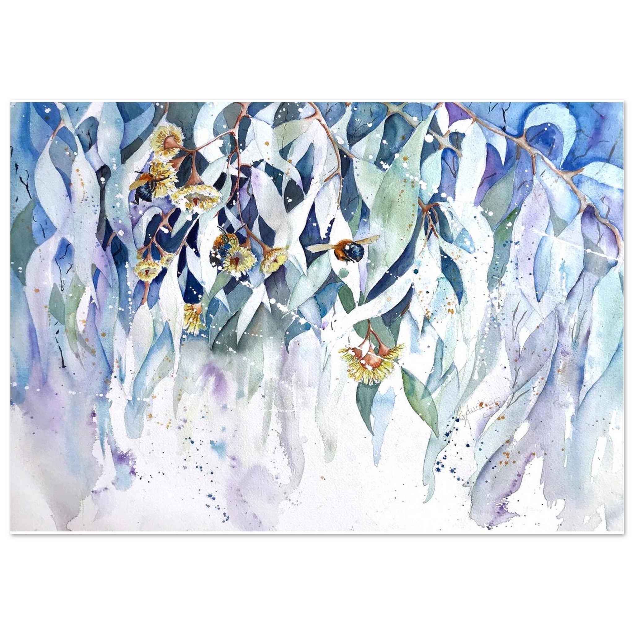 blue bees and gum trees watercolour fine art poster 7c6b541e-9bc5-4146-bc9f-5f2b2d718bcd