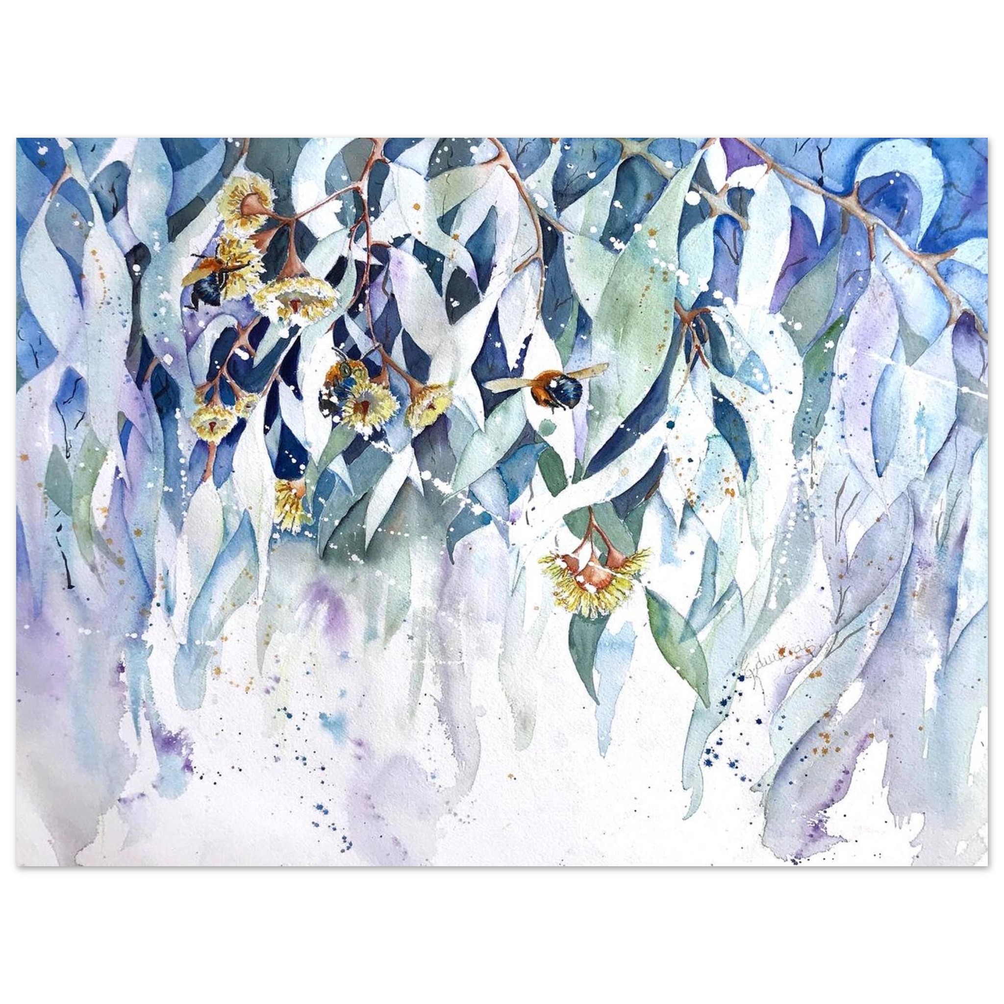 blue bees and gum trees watercolour fine art poster de9b31cf-8316-4d02-a99b-7dfda65e9753